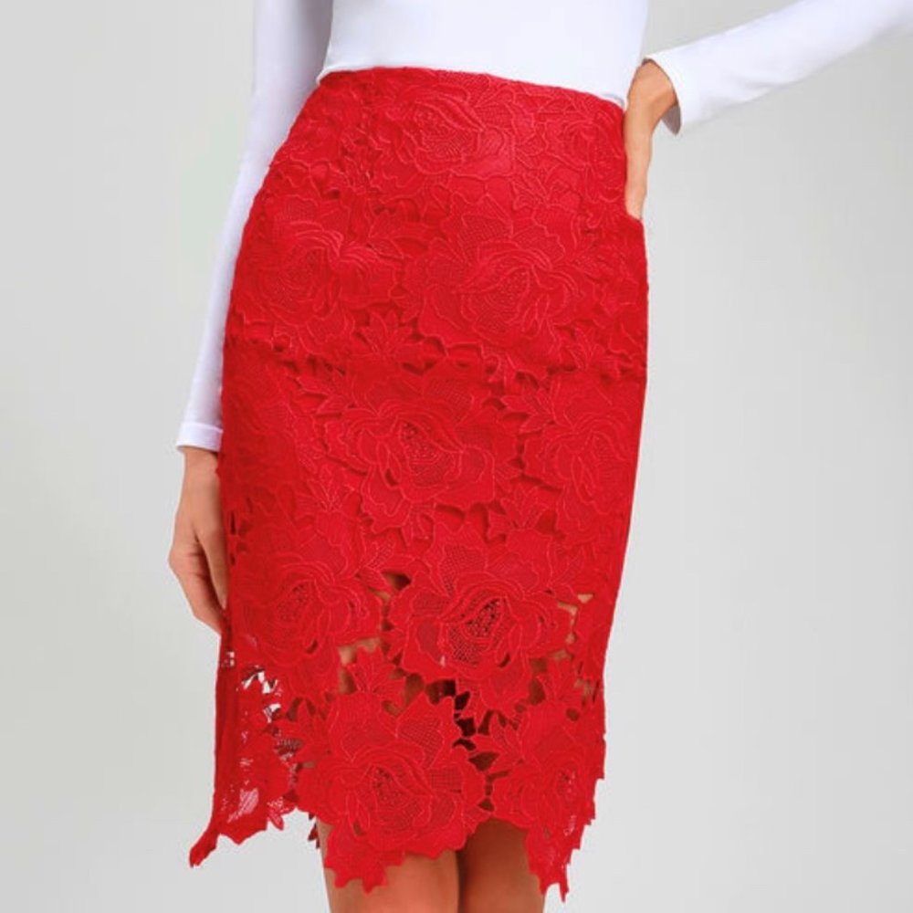 Lulu's Roses and Proses Red Lace Midi Skirt NWT